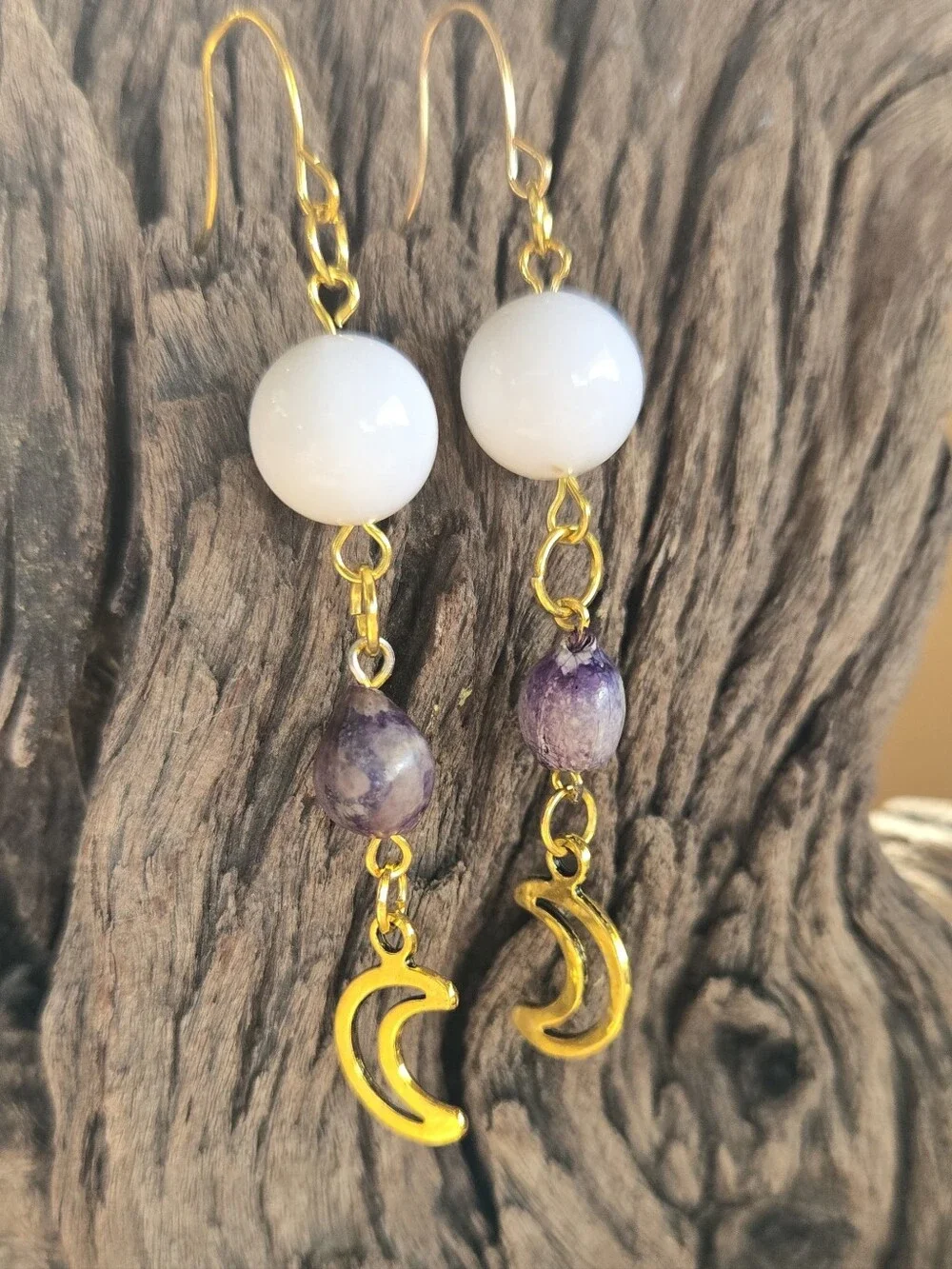 Gold Tone Crescent Moon Earrings Purple Natural Seed & Recycled Beads 2.75"